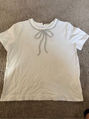 Maeve by Anthropologie White Tee with Crystal bow Embellishment